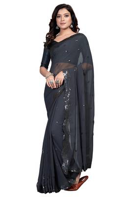 Grey embroidered georgette saree with blouse 1