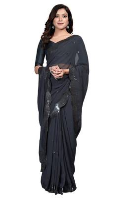 Grey embroidered georgette saree with blouse 2
