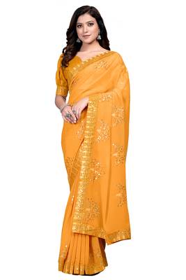 Yellow embroidered georgette saree with blouse 1