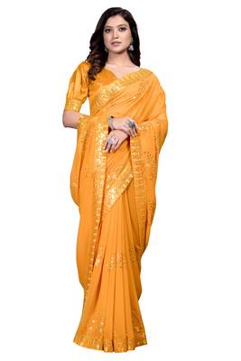 Yellow embroidered georgette saree with blouse 2