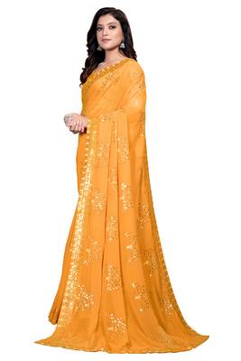 Yellow embroidered georgette saree with blouse 3