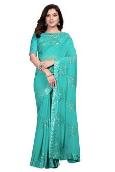 Light blue embroidered georgette saree with blouse