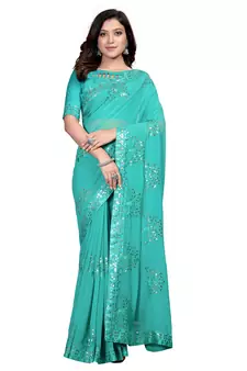 Light blue embroidered georgette saree with blouse