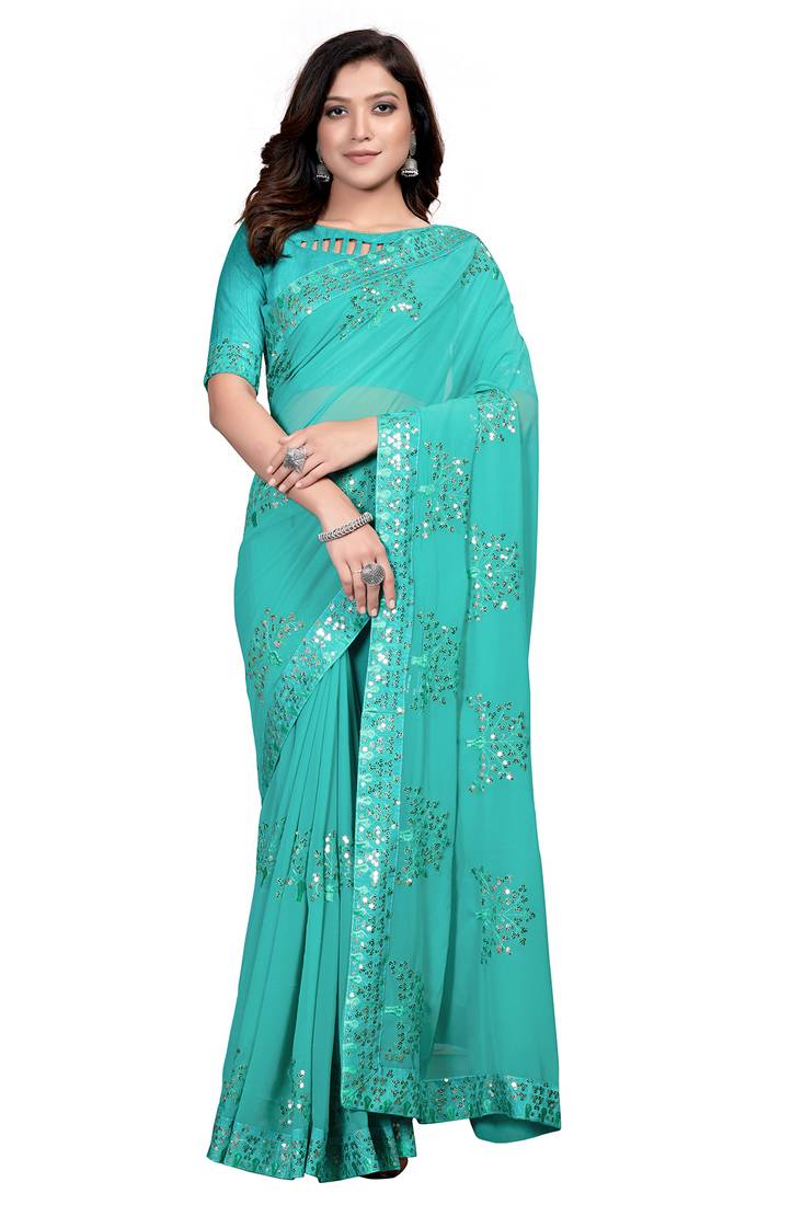 Light blue embroidered georgette saree with blouse