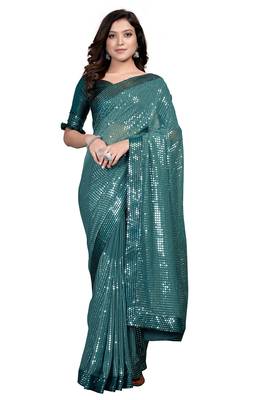 Teal embroidered georgette saree with blouse 1
