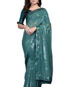 Teal embroidered georgette saree with blouse