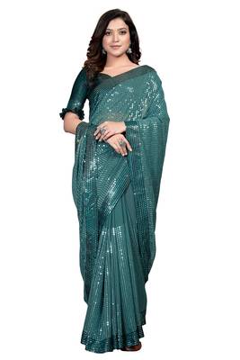 Teal embroidered georgette saree with blouse 2