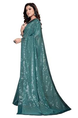 Teal embroidered georgette saree with blouse 3