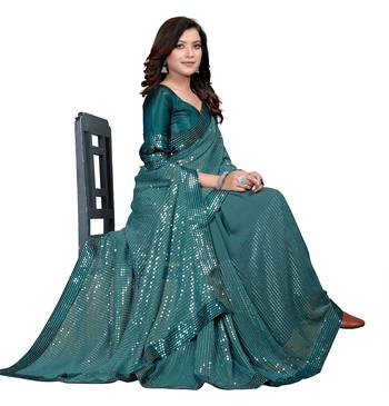 Teal embroidered georgette saree with blouse 4