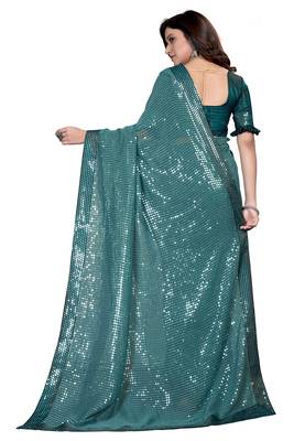 Teal embroidered georgette saree with blouse 5