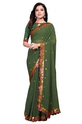 Dark green embroidered georgette saree with blouse 1