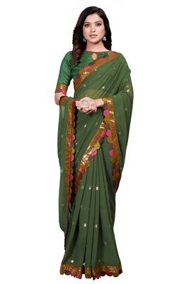 Dark green embroidered georgette saree with blouse 2
