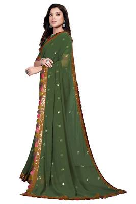 Dark green embroidered georgette saree with blouse 3