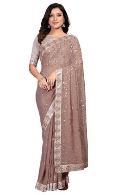 Brown embroidered georgette saree with blouse 1