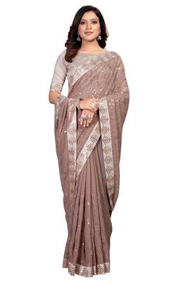 Brown embroidered georgette saree with blouse 2