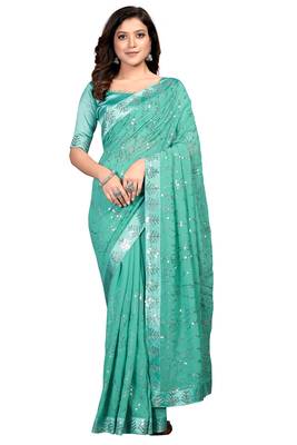 Teal embroidered georgette saree with blouse 1