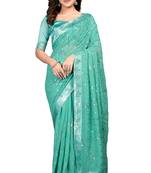 Teal embroidered georgette saree with blouse