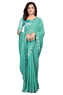 Teal embroidered georgette saree with blouse 2