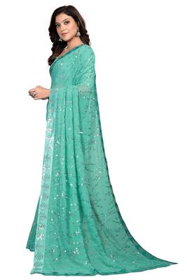 Teal embroidered georgette saree with blouse 3