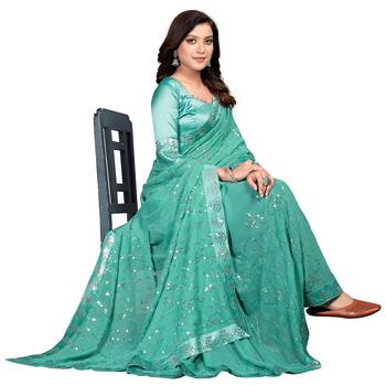 Teal embroidered georgette saree with blouse 4