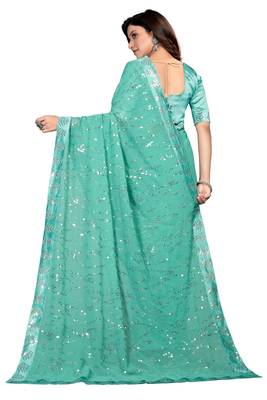 Teal embroidered georgette saree with blouse 5