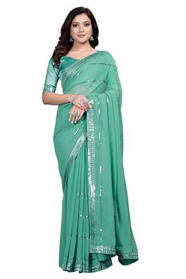 Teal embroidered georgette saree with blouse 1