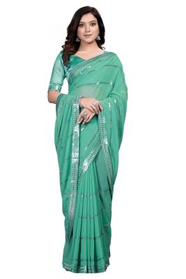 Teal embroidered georgette saree with blouse 2