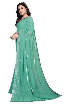 Teal embroidered georgette saree with blouse 3