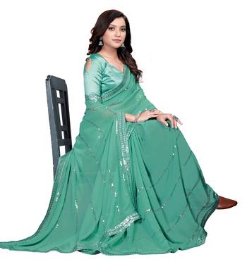 Teal embroidered georgette saree with blouse 4