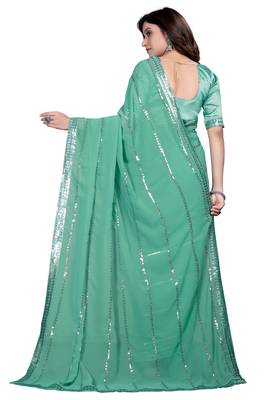 Teal embroidered georgette saree with blouse 5