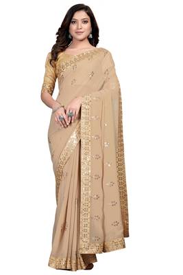 Beige embroidered georgette saree with blouse 1