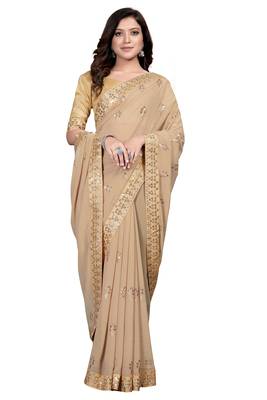 Beige embroidered georgette saree with blouse 2