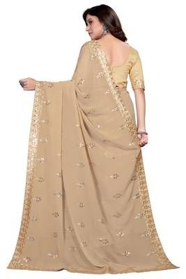 Beige embroidered georgette saree with blouse 5