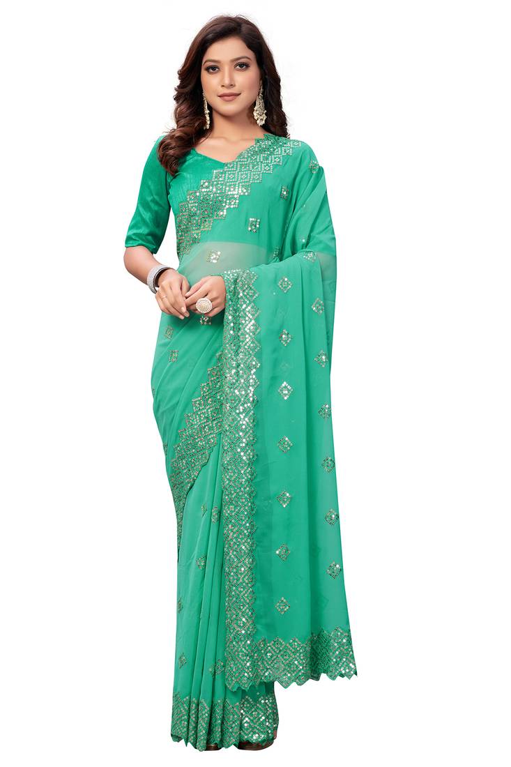 Green embroidered georgette saree with blouse