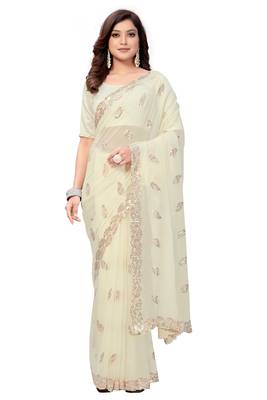 Cream embroidered georgette saree with blouse 1