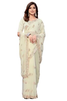 Cream embroidered georgette saree with blouse 2
