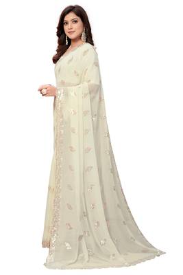 Cream embroidered georgette saree with blouse 3