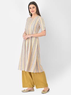 Span Beige Printed A-Line Kurta 3