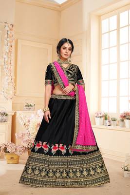 Black colour Embroidered Attractive Party Wear Silk Material work Lehenga 1