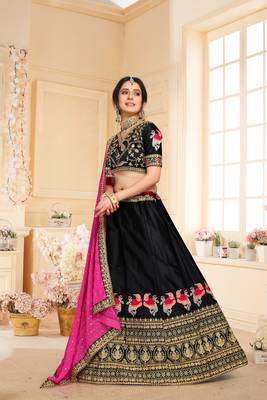 Black colour Embroidered Attractive Party Wear Silk Material work Lehenga 4