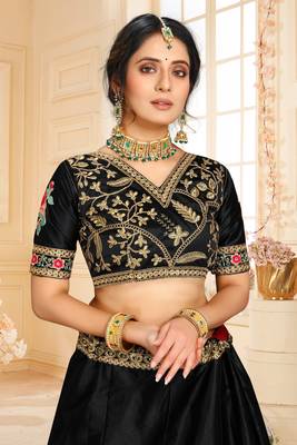 Black colour Embroidered Attractive Party Wear Silk Material work Lehenga 5