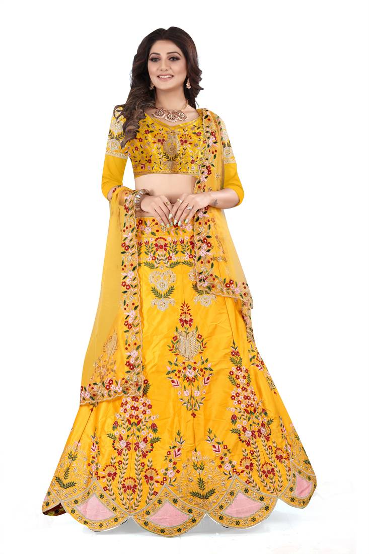 Yellow Embroidered Attractive Party Wear Malay satin Lehenga choli 