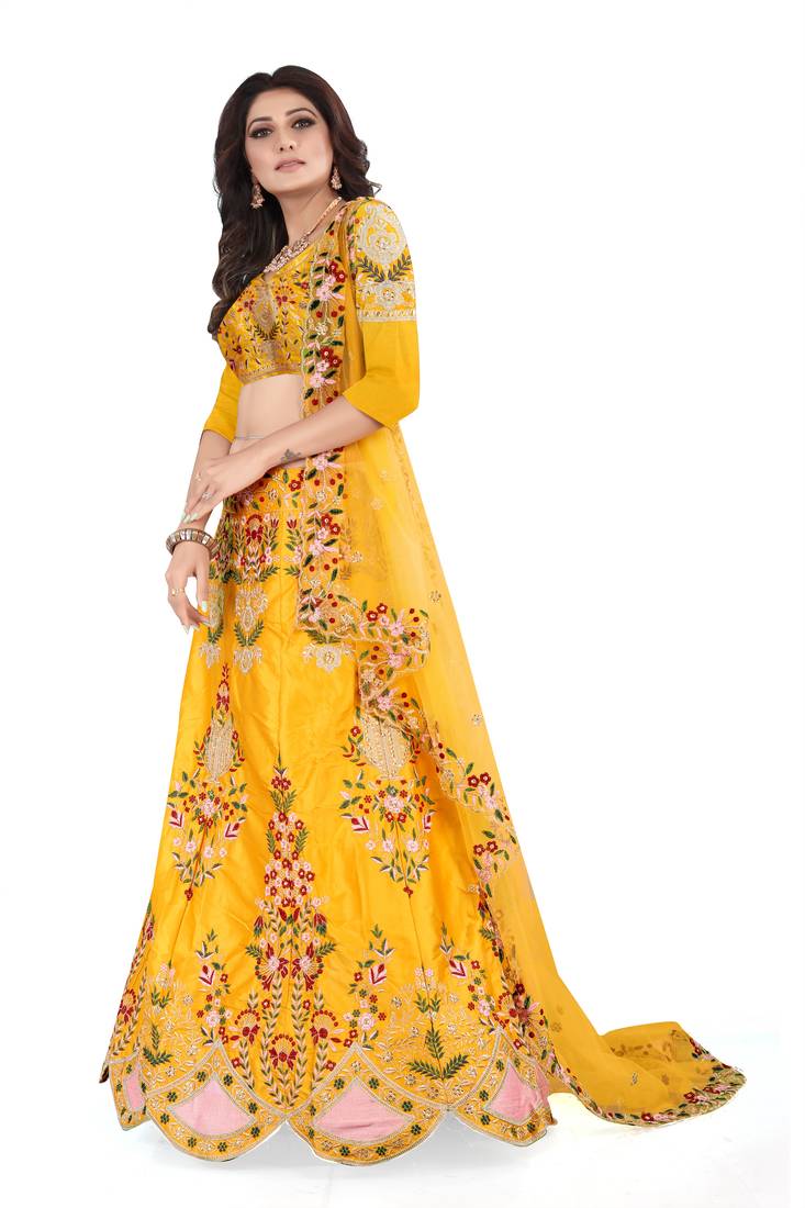 Yellow Embroidered Attractive Party Wear Malay satin Lehenga choli 