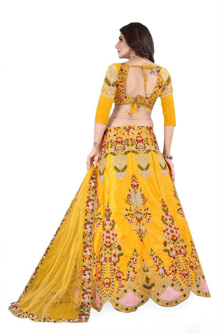 Yellow Embroidered Attractive Party Wear Malay satin Lehenga choli 