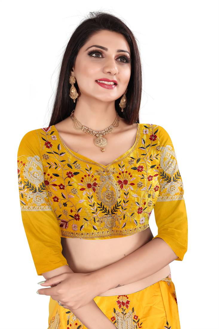 Yellow Embroidered Attractive Party Wear Malay satin Lehenga choli 