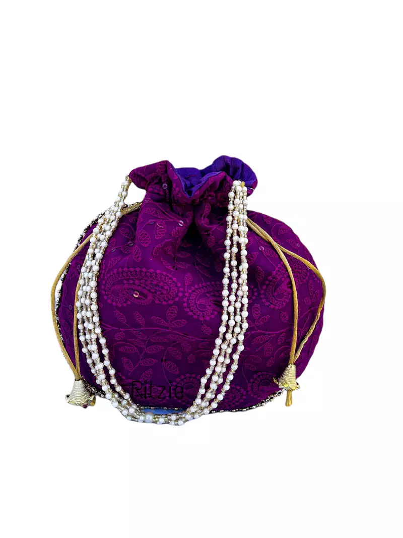 Divashin Chickenkari Embroidered Design Potli for Women & Girls Ethnic Wedding Wristlets Purple