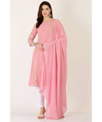 Kaanchie Nanggia Pink Georgette Kurta Pant Dupatta Set 1