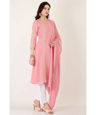 Kaanchie Nanggia Pink Georgette Kurta Pant Dupatta Set 3