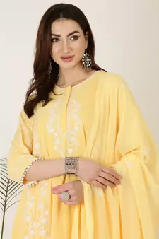 Kaanchie Nanggia Yellow Georgette Kurta Pant Dupatta Set