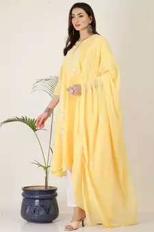 Kaanchie Nanggia Yellow Georgette Kurta Pant Dupatta Set